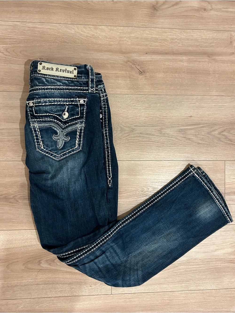 Rock Revival Jeans Size 30 Dark Wash Thick Stitch Back Pocket Flap Perfect Cond